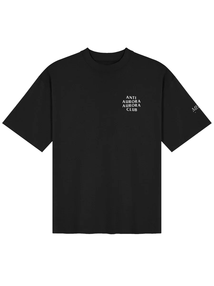 Black boxy tee with ANTI AURORA AURORA CLUB printed on the chest and MERC on the sleeve