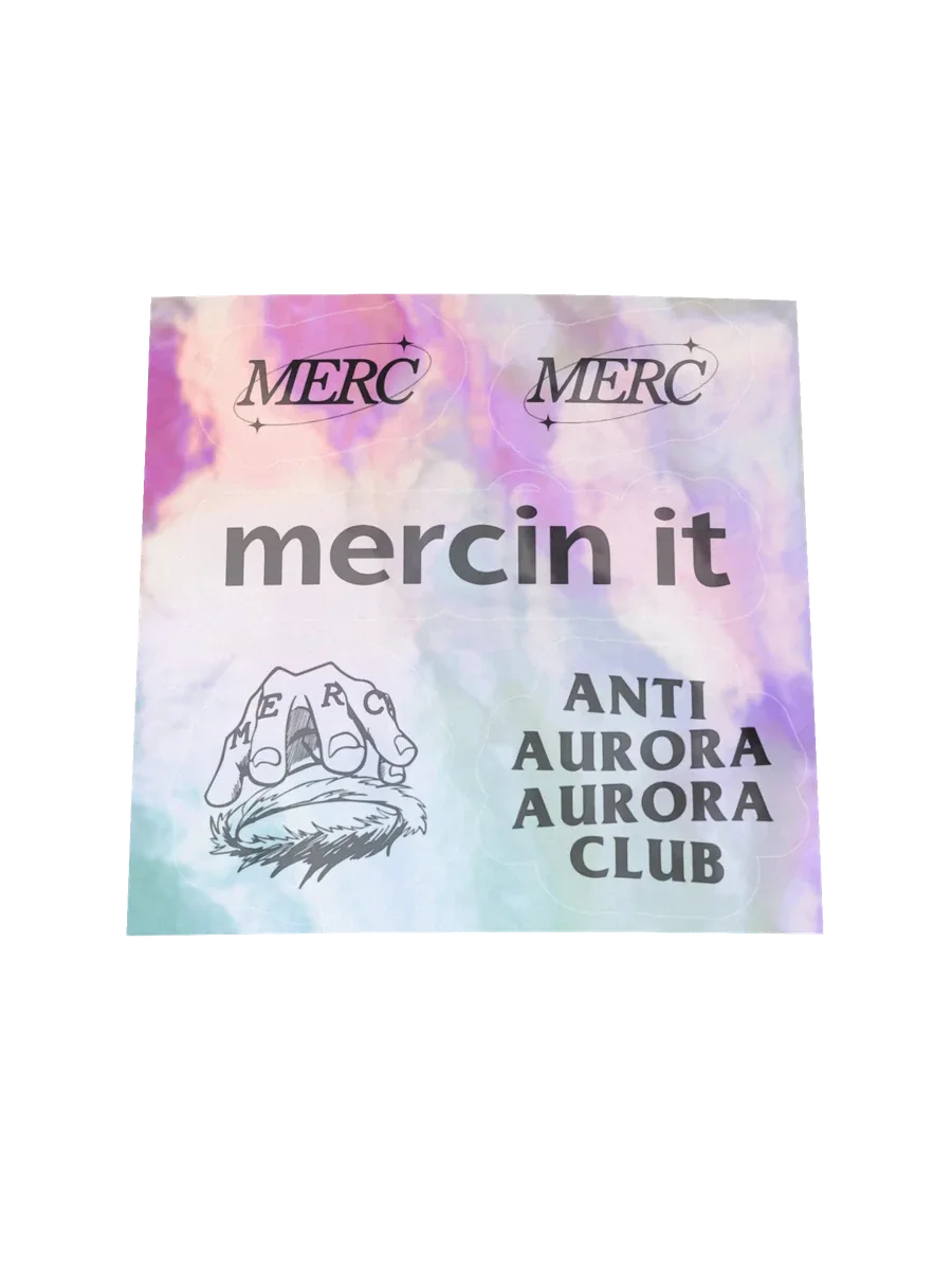 Holographic sticker sheet with MERC logos, mercin it, and ANTI AURORA AURORA CLUB