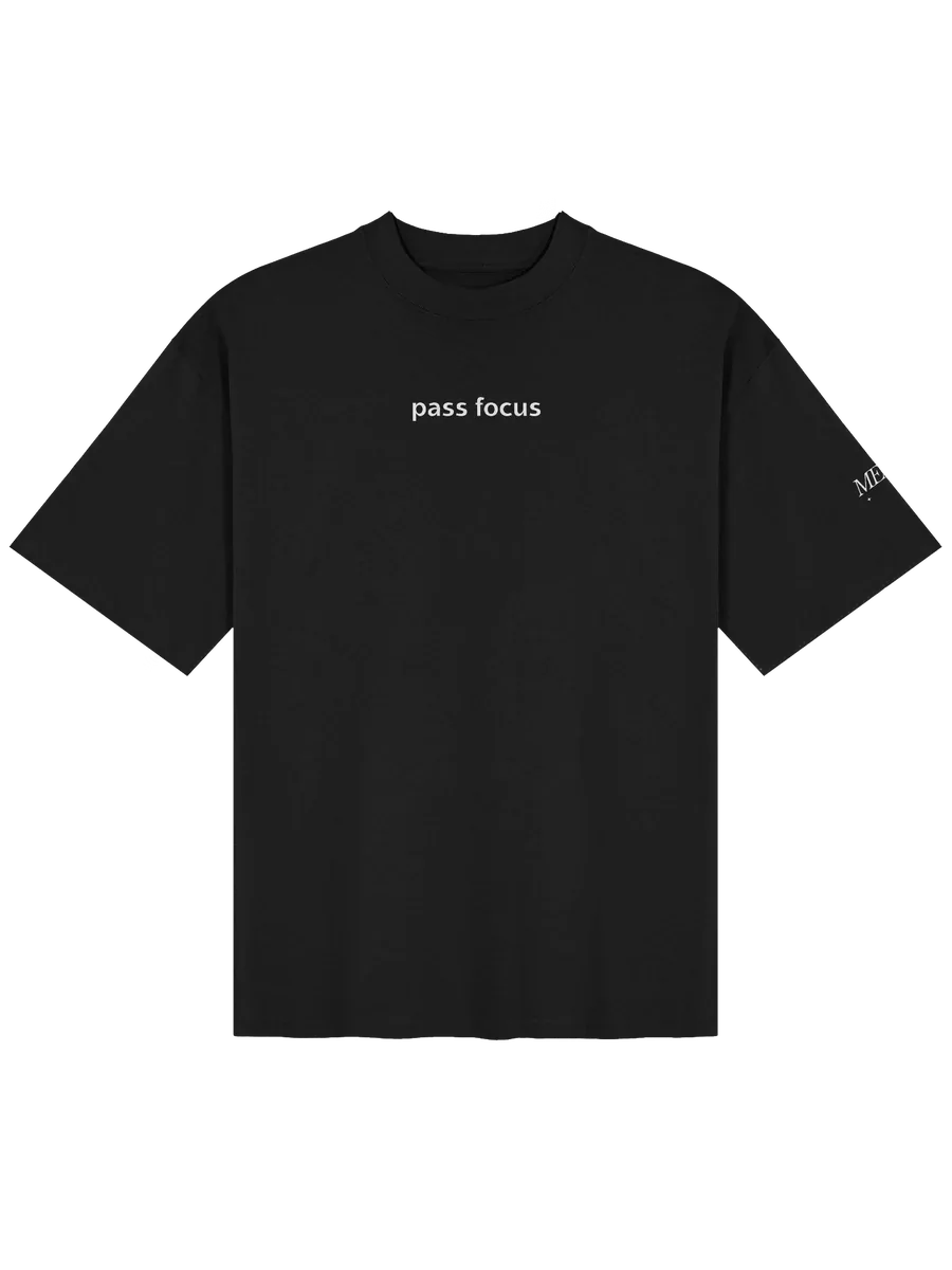 Black boxy tee with pass focus printed on the chest and MERC on the sleeve